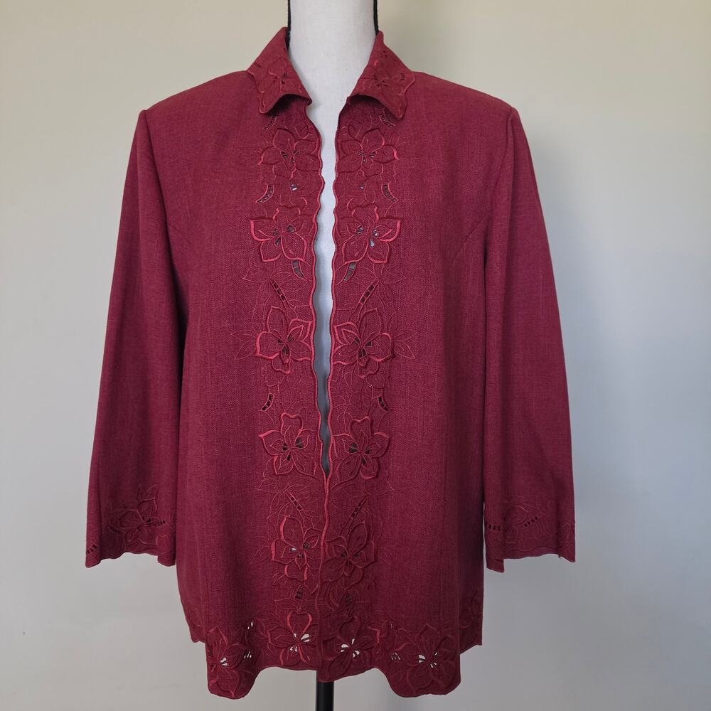 Alfred Dunner 14 Open Embroidered 3/4 Sleeve Jacket Brick Red Cottagecore